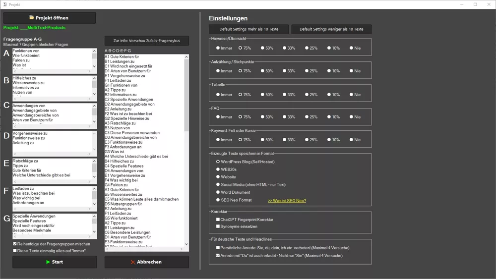 Multi Text AI Writer - Einstellungen