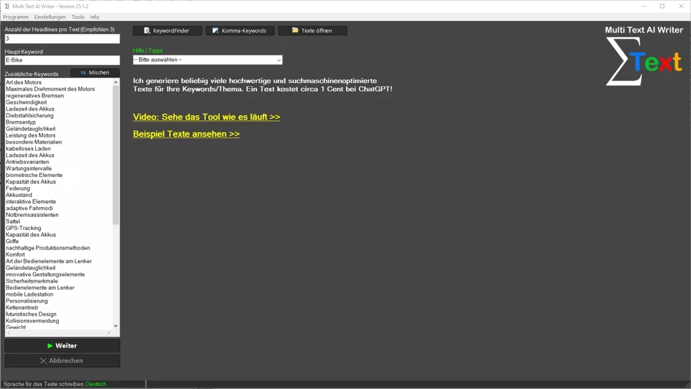 Multi Text AI Writer - Eingabe